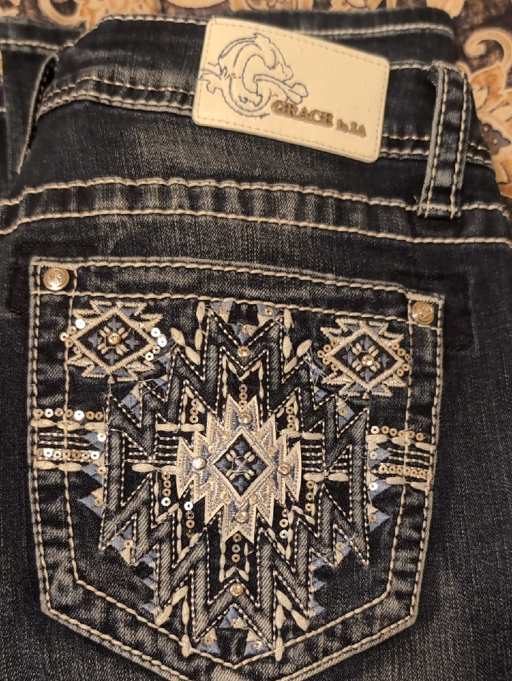 Grace in LA Dark Blue Denim Bootcut Jeans with Silver & Cream Embroidered Pocket